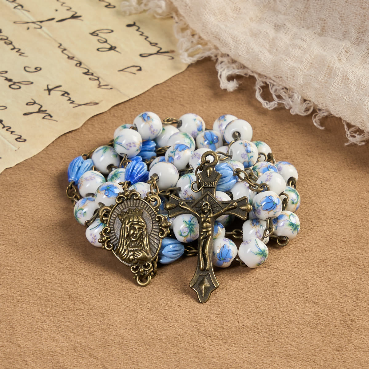 FREE Today: Miraculous Medal & Crucifix of 8 mm Round Floral Pink Ceramic Alloy Chain Rosary