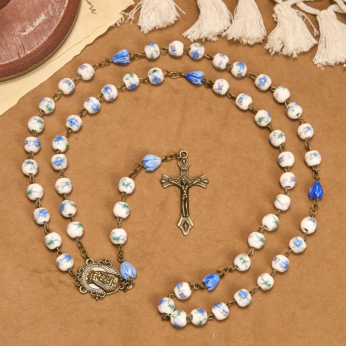 FREE Today: Immaculate Heart of Mary & Crucifix of 8 mm Round Floral Acrylic Alloy Chain Rosary