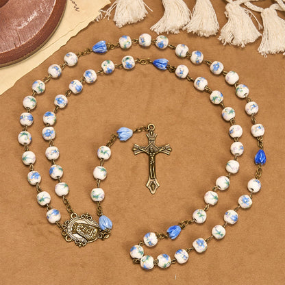 FREE Today: Immaculate Heart of Mary & Crucifix of 8 mm Round Floral Acrylic Alloy Chain Rosary