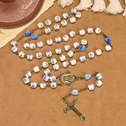 FREE Today: Immaculate Heart of Mary & Crucifix of 8 mm Round Floral Acrylic Alloy Chain Rosary