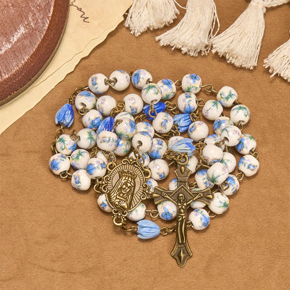 FREE Today: Immaculate Heart of Mary & Crucifix of 8 mm Round Floral Acrylic Alloy Chain Rosary