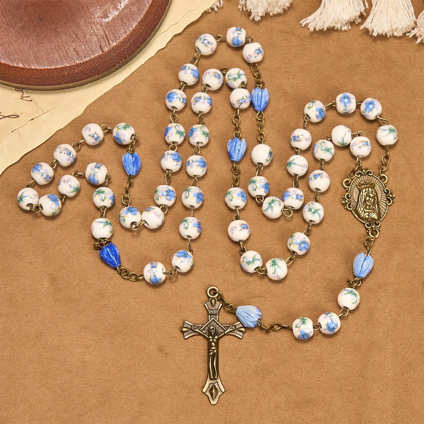 FREE Today: Immaculate Heart of Mary & Crucifix of 8 mm Round Floral Acrylic Alloy Chain Rosary