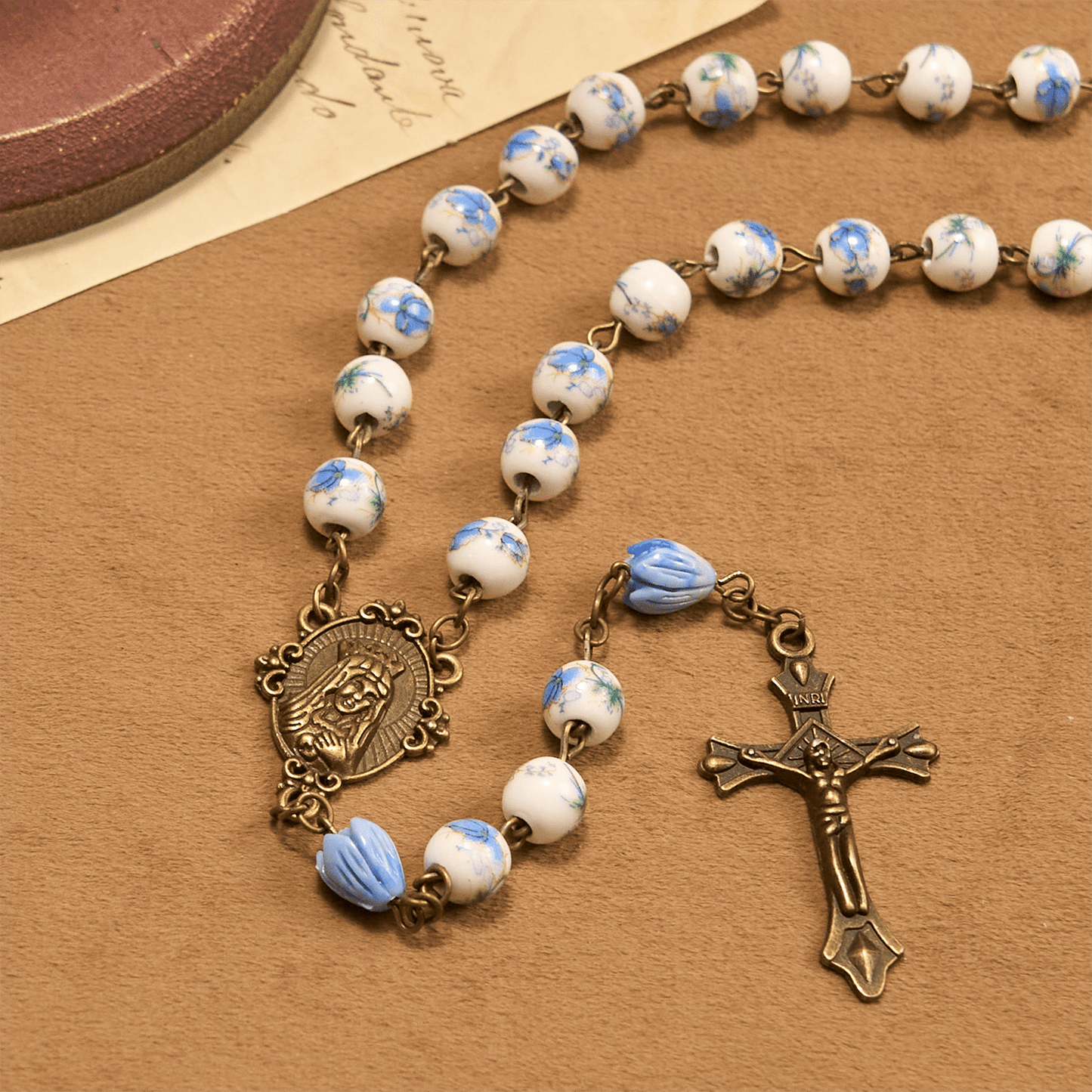 FREE Today: Immaculate Heart of Mary & Crucifix of 8 mm Round Floral Acrylic Alloy Chain Rosary