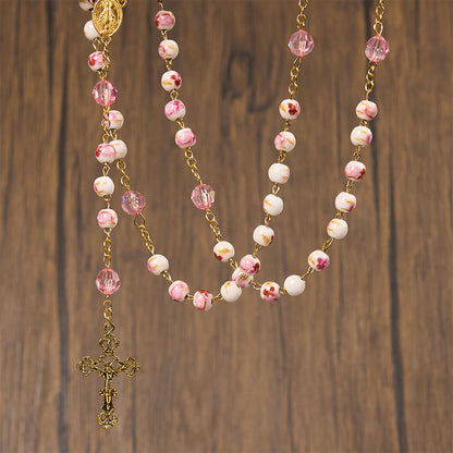 FREE Today: Miraculous Medal & Crucifix of 8 mm Round Floral Pink Ceramic Alloy Chain Rosary