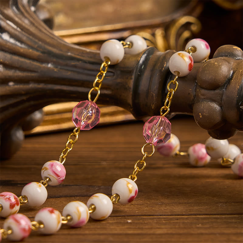 FREE Today: Miraculous Medal & Crucifix of 8 mm Round Floral Pink Ceramic Alloy Chain Rosary