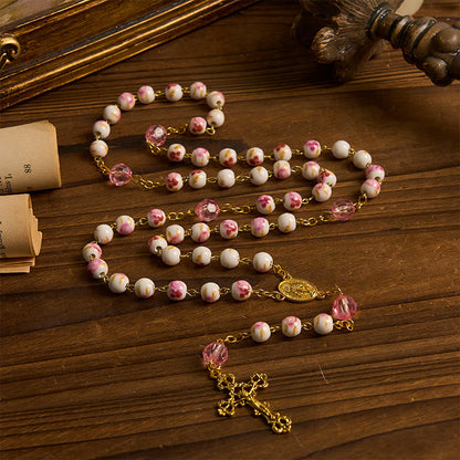 FREE Today: Miraculous Medal & Crucifix of 8 mm Round Floral Pink Ceramic Alloy Chain Rosary