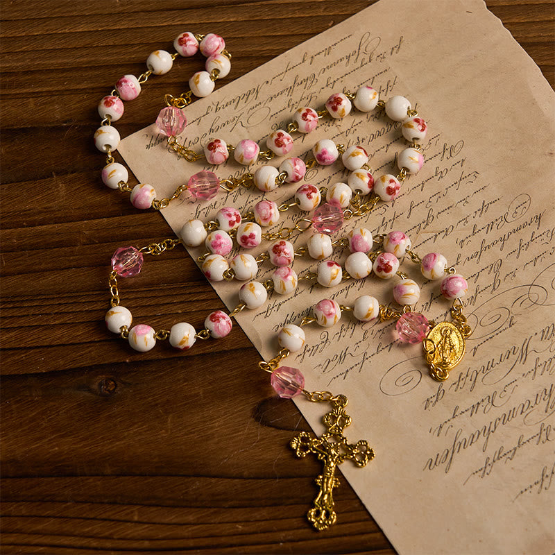 FREE Today: Miraculous Medal & Crucifix of 8 mm Round Floral Pink Ceramic Alloy Chain Rosary