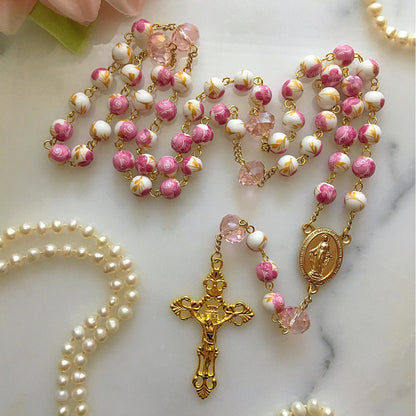 FREE Today: Immaculate Heart of Mary & Crucifix of 8 mm Round Floral Acrylic Alloy Chain Rosary