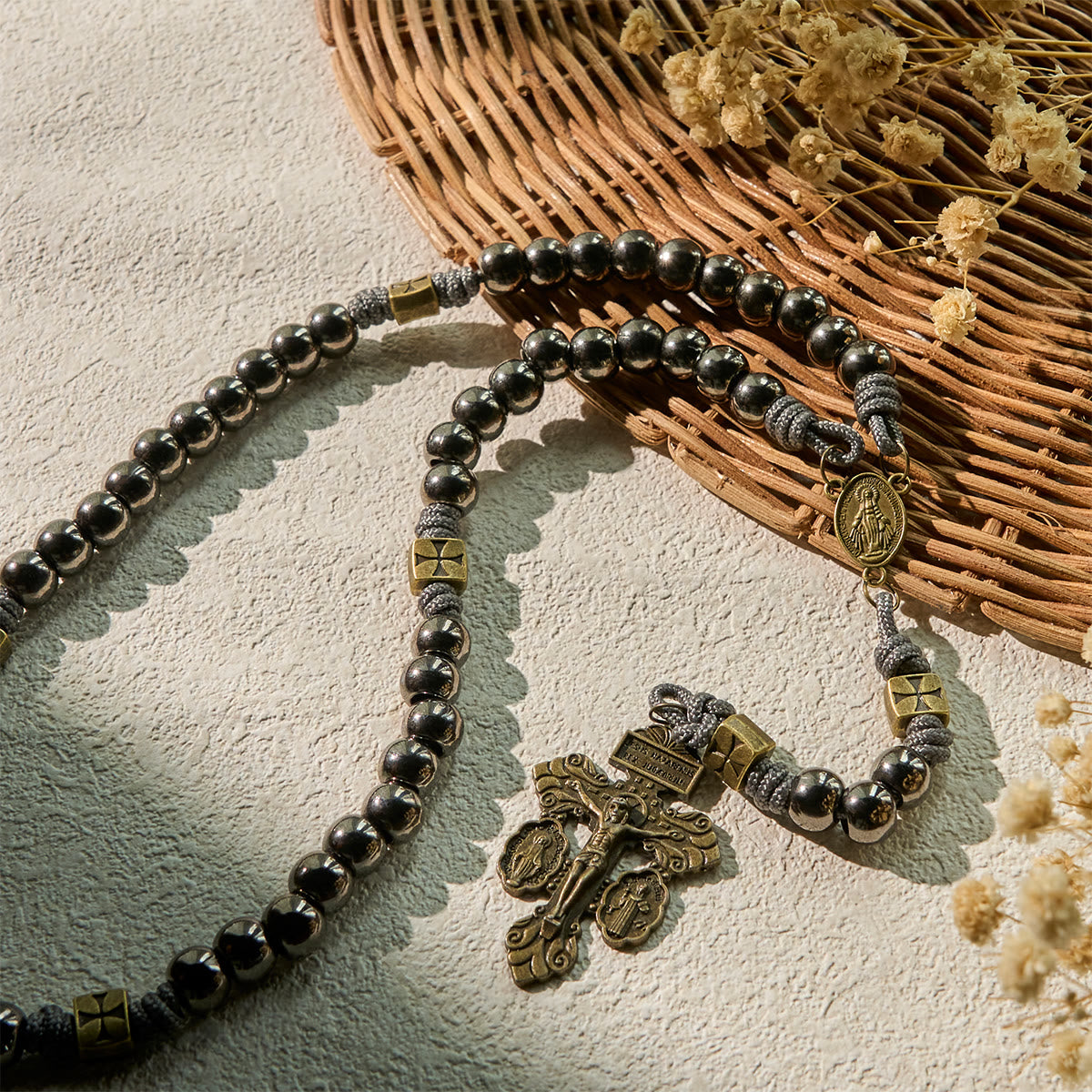 FREE Today: Miraculous Medal & Crucifix of 8 mm Round Silver Black Gallstone Nylon Cord Rosary