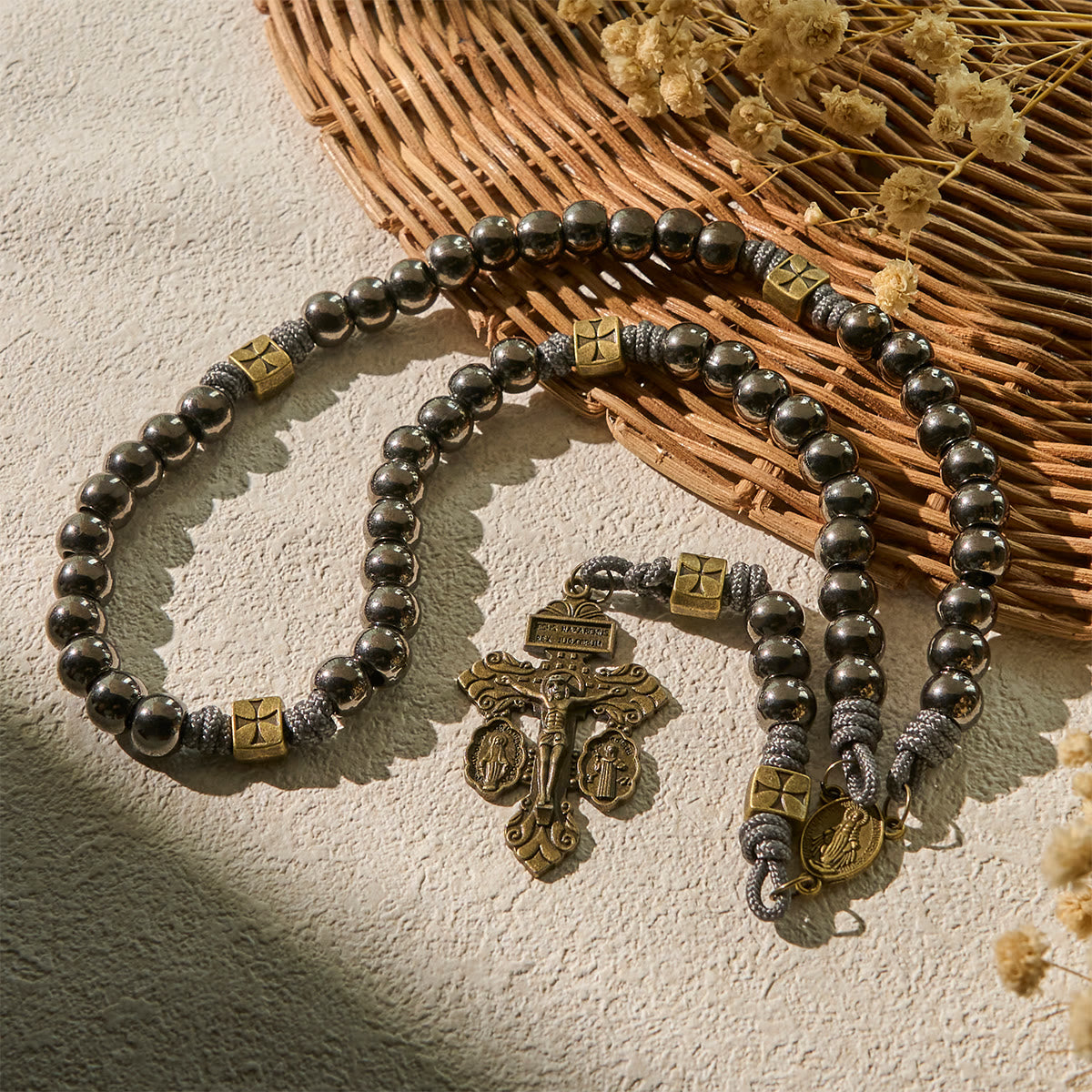 FREE Today: Miraculous Medal & Crucifix of 8 mm Round Silver Black Gallstone Nylon Cord Rosary