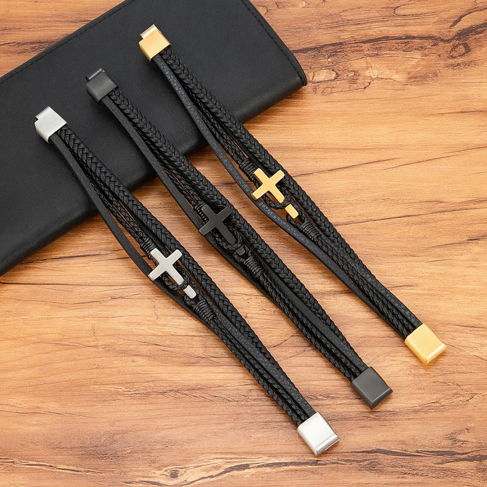 FREE Today: Tri - Color Stainless Steel Cross & Braided Leather Fashion Bracelet