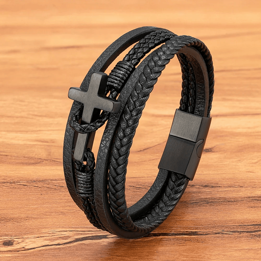 FREE Today: Tri - Color Stainless Steel Cross & Braided Leather Fashion Bracelet