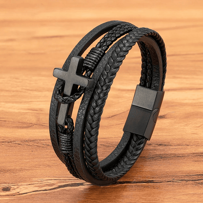 FREE Today: Tri - Color Stainless Steel Cross & Braided Leather Fashion Bracelet