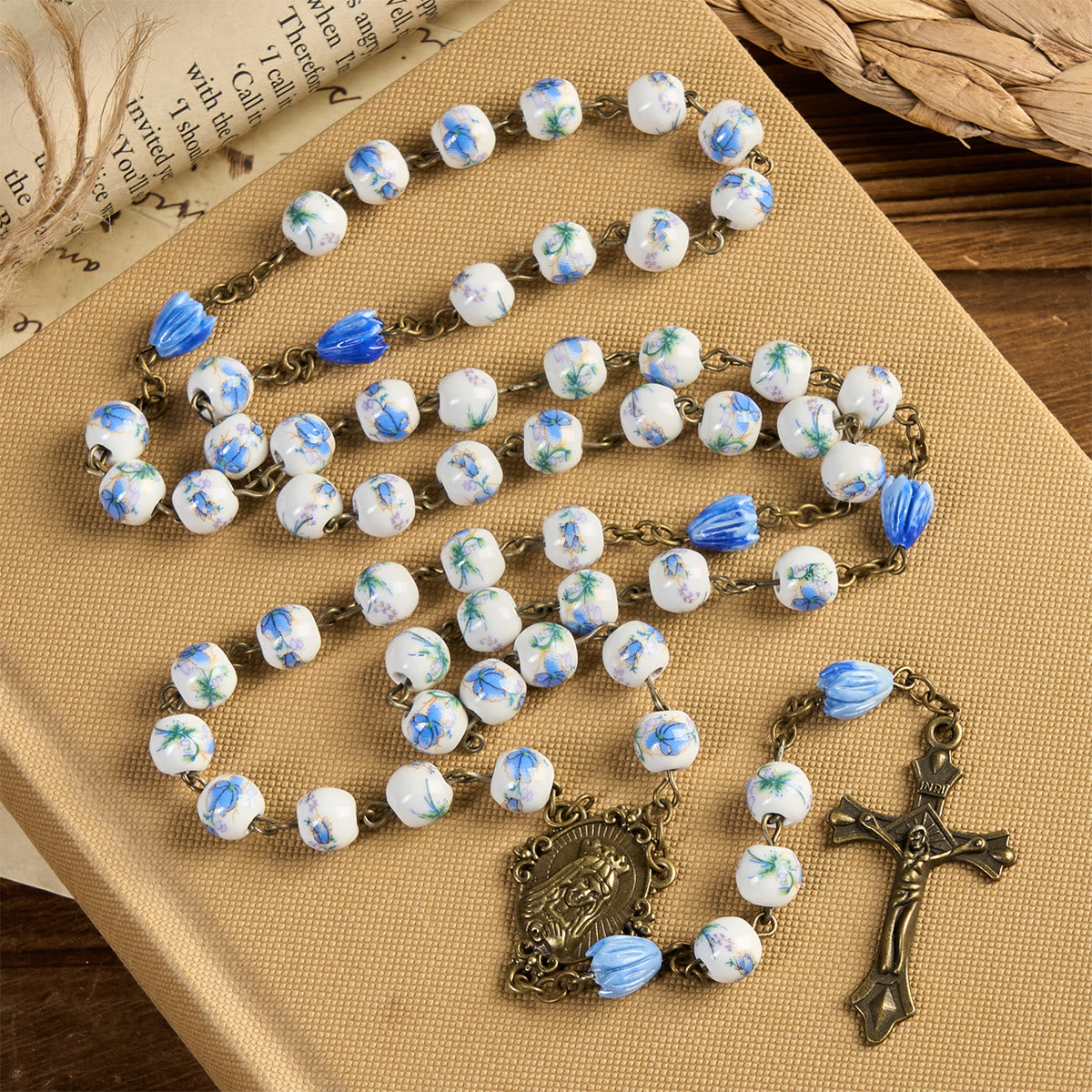 FREE Today: Immaculate Heart of Mary & Crucifix of 8 mm Round Floral Acrylic Alloy Chain Rosary