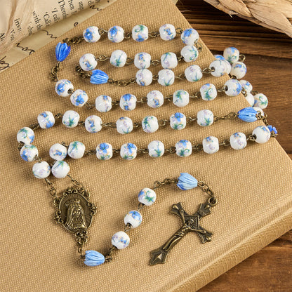 FREE Today: Immaculate Heart of Mary & Crucifix of 8 mm Round Floral Acrylic Alloy Chain Rosary