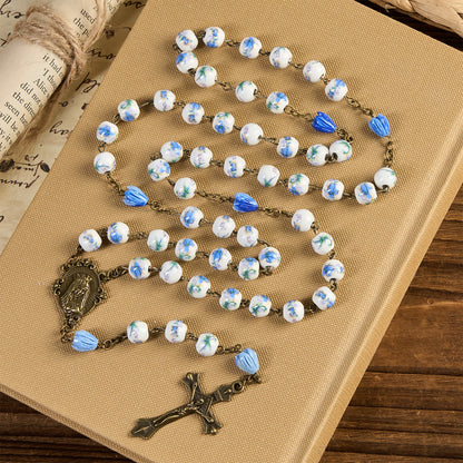 FREE Today: Immaculate Heart of Mary & Crucifix of 8 mm Round Floral Acrylic Alloy Chain Rosary