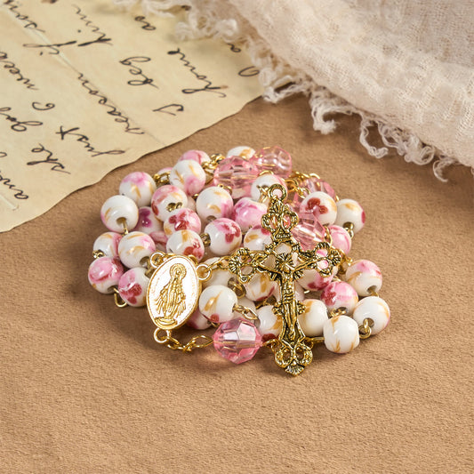 FREE Today: Miraculous Medal & Crucifix of 8 mm Round Floral Pink Ceramic Alloy Chain Rosary