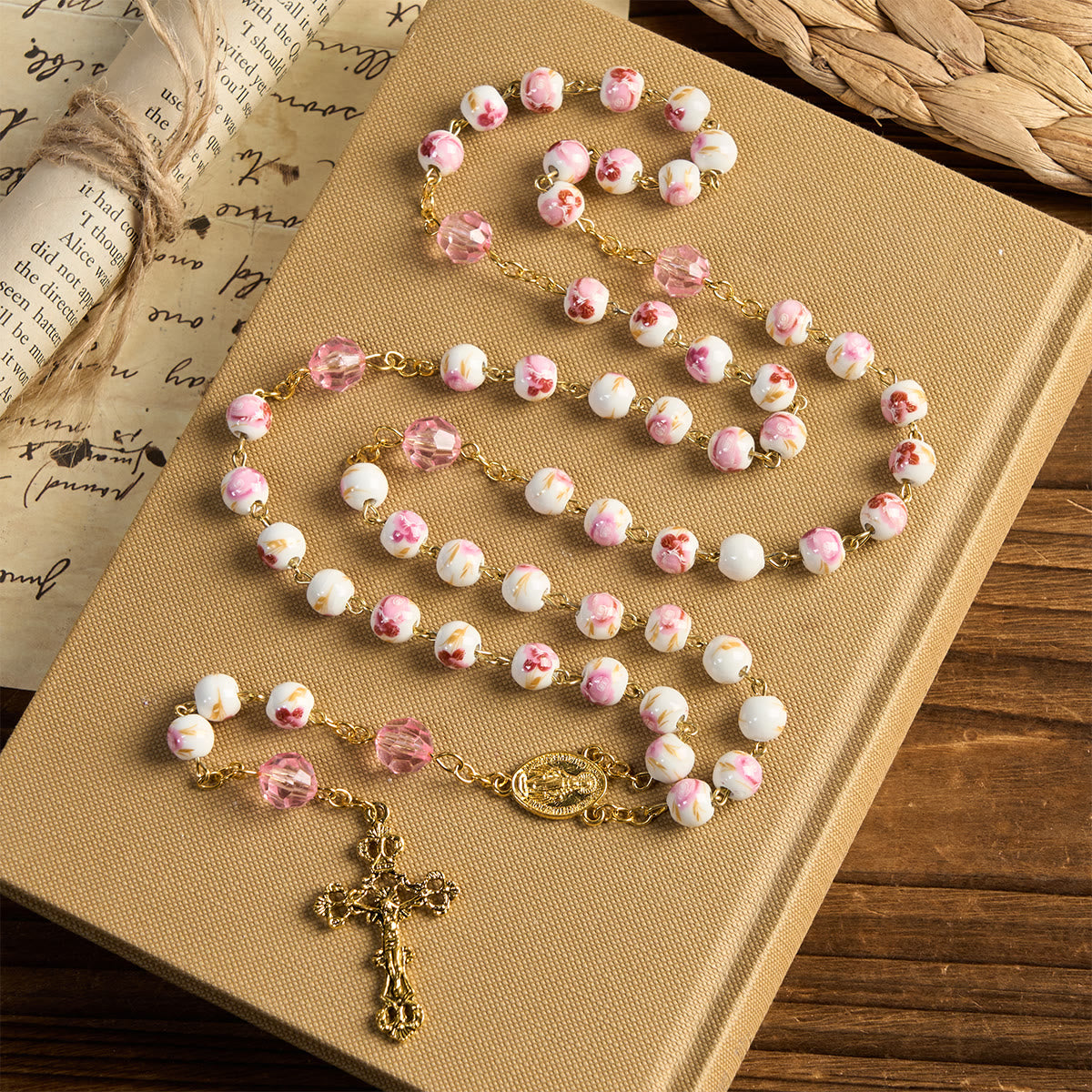 FREE Today: Miraculous Medal & Crucifix of 8 mm Round Floral Pink Ceramic Alloy Chain Rosary