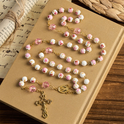 FREE Today: Miraculous Medal & Crucifix of 8 mm Round Floral Pink Ceramic Alloy Chain Rosary