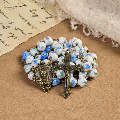 FREE Today: Miraculous Medal & Crucifix of 8 mm Round Floral Pink Ceramic Alloy Chain Rosary