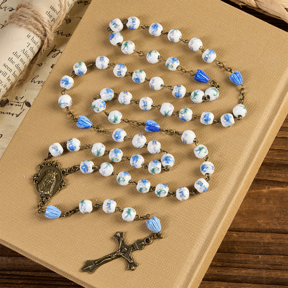 FREE Today: Miraculous Medal & Crucifix of 8 mm Round Floral Pink Ceramic Alloy Chain Rosary