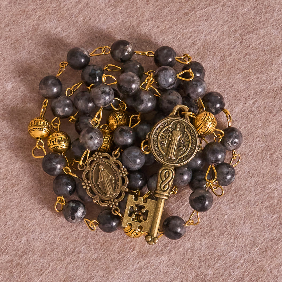 FREE Today: Miraculous Medal & Saint Benedict Key of 8 mm Round Black Stone Alloy Chain Rosary