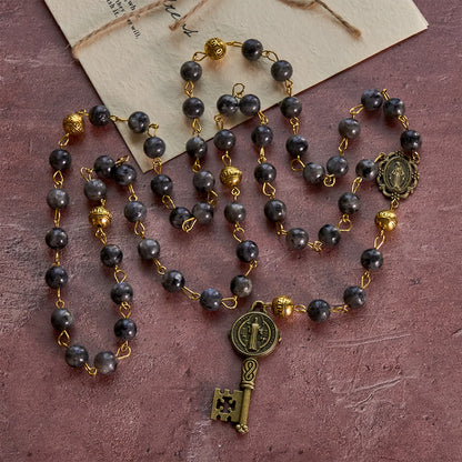 FREE Today: Miraculous Medal & Saint Benedict Key of 8 mm Round Black Stone Alloy Chain Rosary