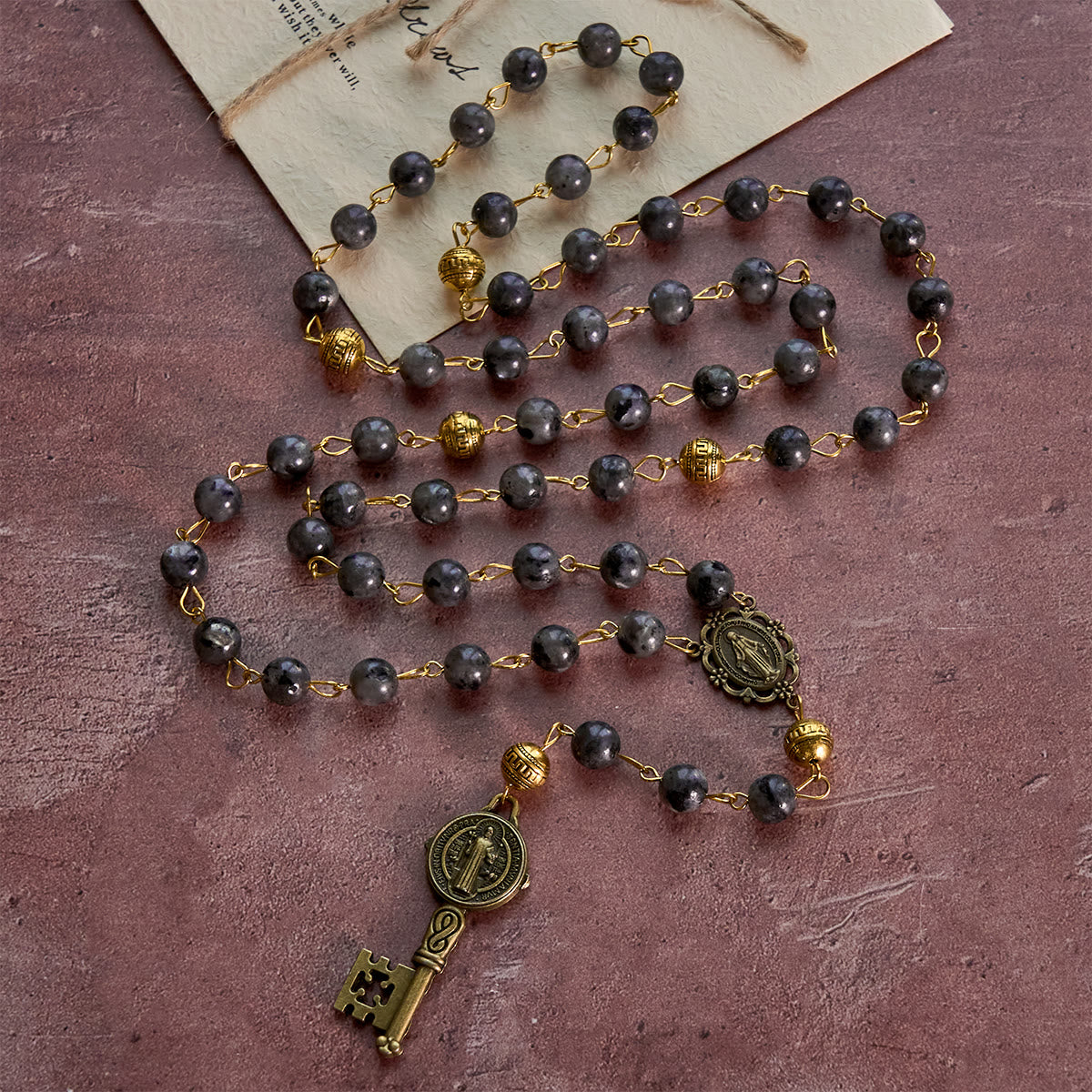 FREE Today: Miraculous Medal & Saint Benedict Key of 8 mm Round Black Stone Alloy Chain Rosary