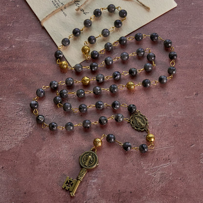 FREE Today: Miraculous Medal & Saint Benedict Key of 8 mm Round Black Stone Alloy Chain Rosary