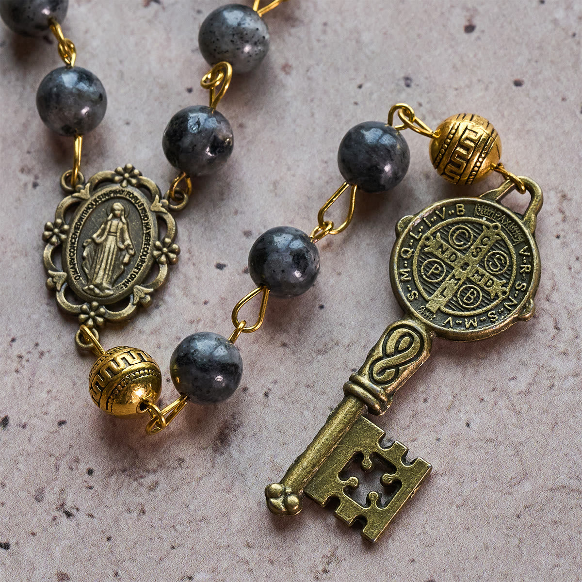 FREE Today: Miraculous Medal & Saint Benedict Key of 8 mm Round Black Stone Alloy Chain Rosary