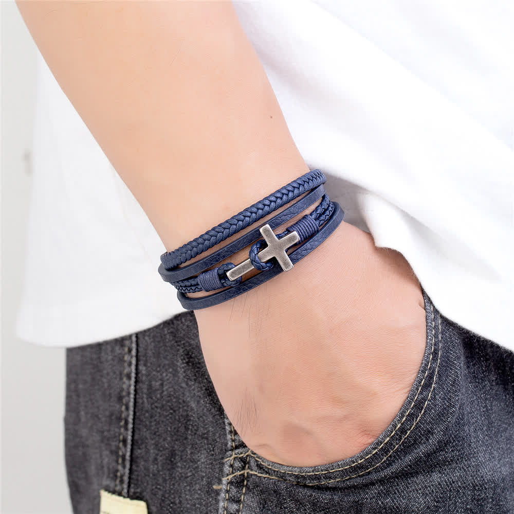 FREE Today: Tri - Color Stainless Steel Cross & Braided Leather Fashion Bracelet