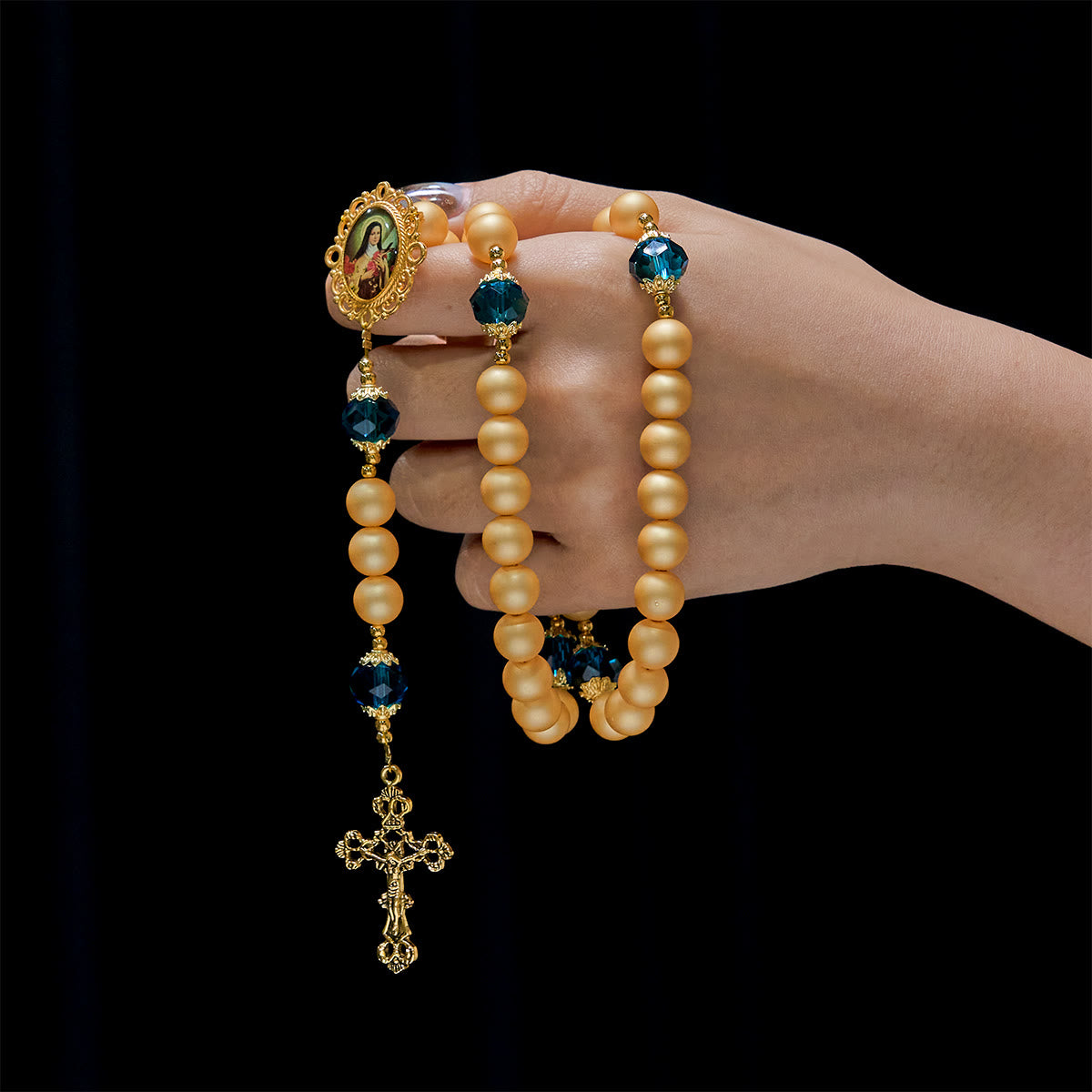 FREE Today: Elegant Matte Golden Pearl Rosary with St. Therese and Crucifix