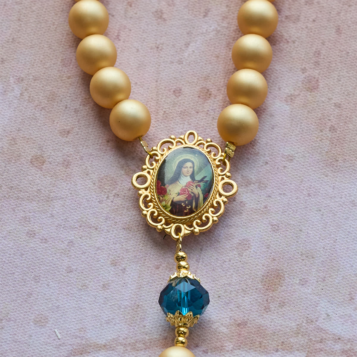 FREE Today: Elegant Matte Golden Pearl Rosary with St. Therese and Crucifix