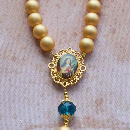 FREE Today: Elegant Matte Golden Pearl Rosary with St. Therese and Crucifix