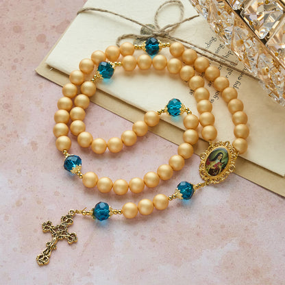 FREE Today: Elegant Matte Golden Pearl Rosary with St. Therese and Crucifix