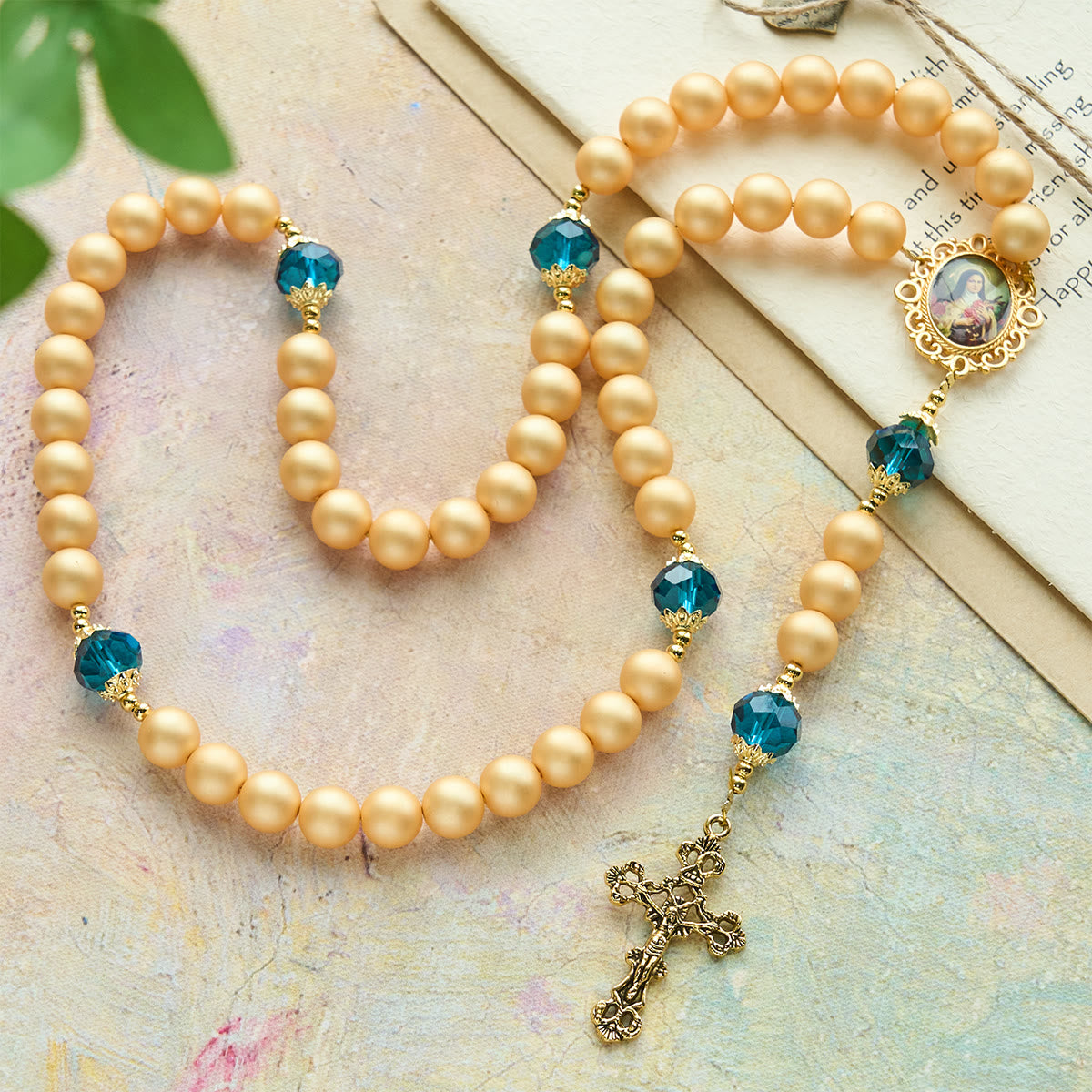FREE Today: Elegant Matte Golden Pearl Rosary with St. Therese and Crucifix
