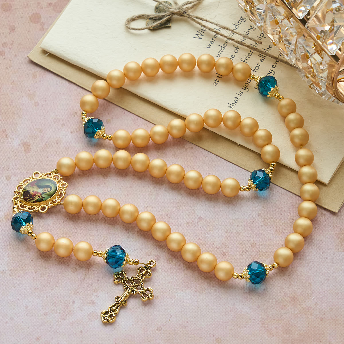 FREE Today: Elegant Matte Golden Pearl Rosary with St. Therese and Crucifix