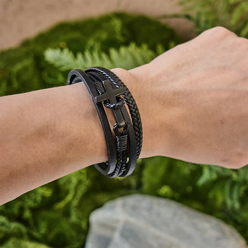 FREE Today: Tri - Color Stainless Steel Cross & Braided Leather Fashion Bracelet