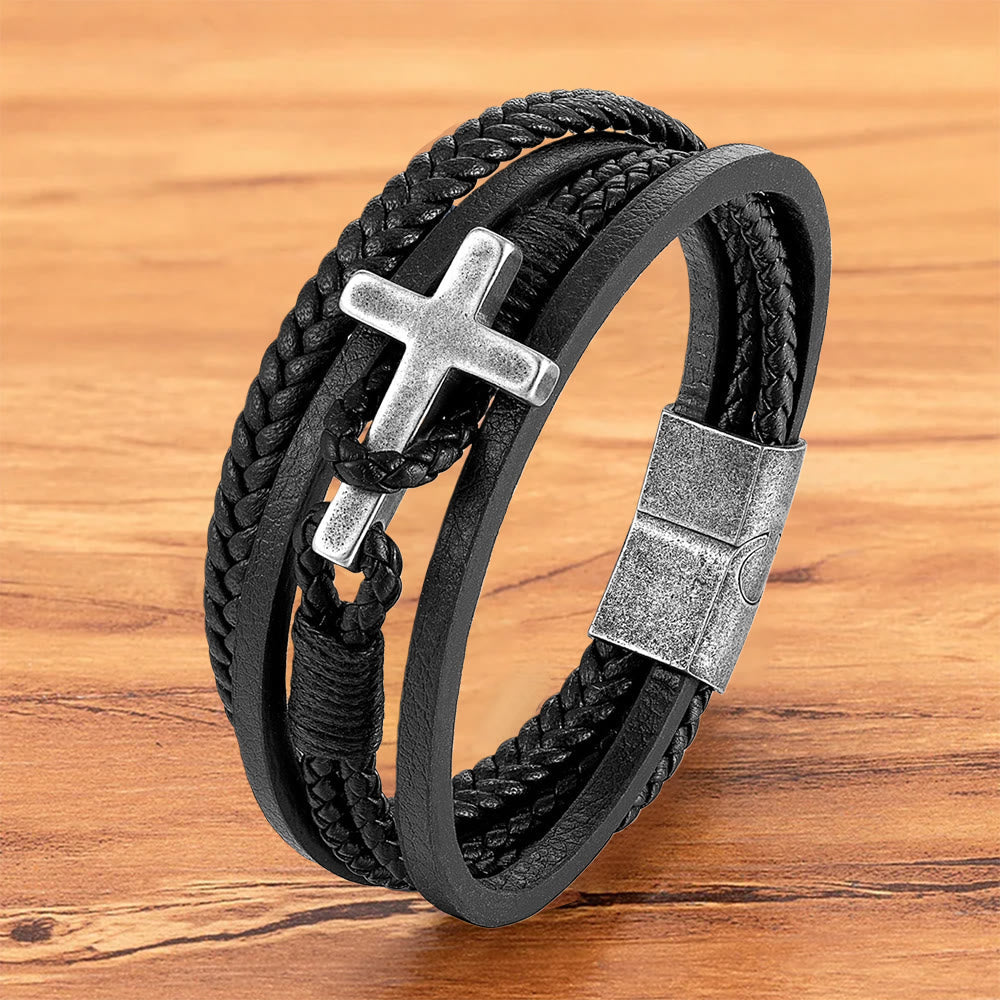 FREE Today: Tri - Color Stainless Steel Cross & Braided Leather Fashion Bracelet
