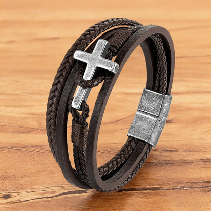 FREE Today: Tri - Color Stainless Steel Cross & Braided Leather Fashion Bracelet