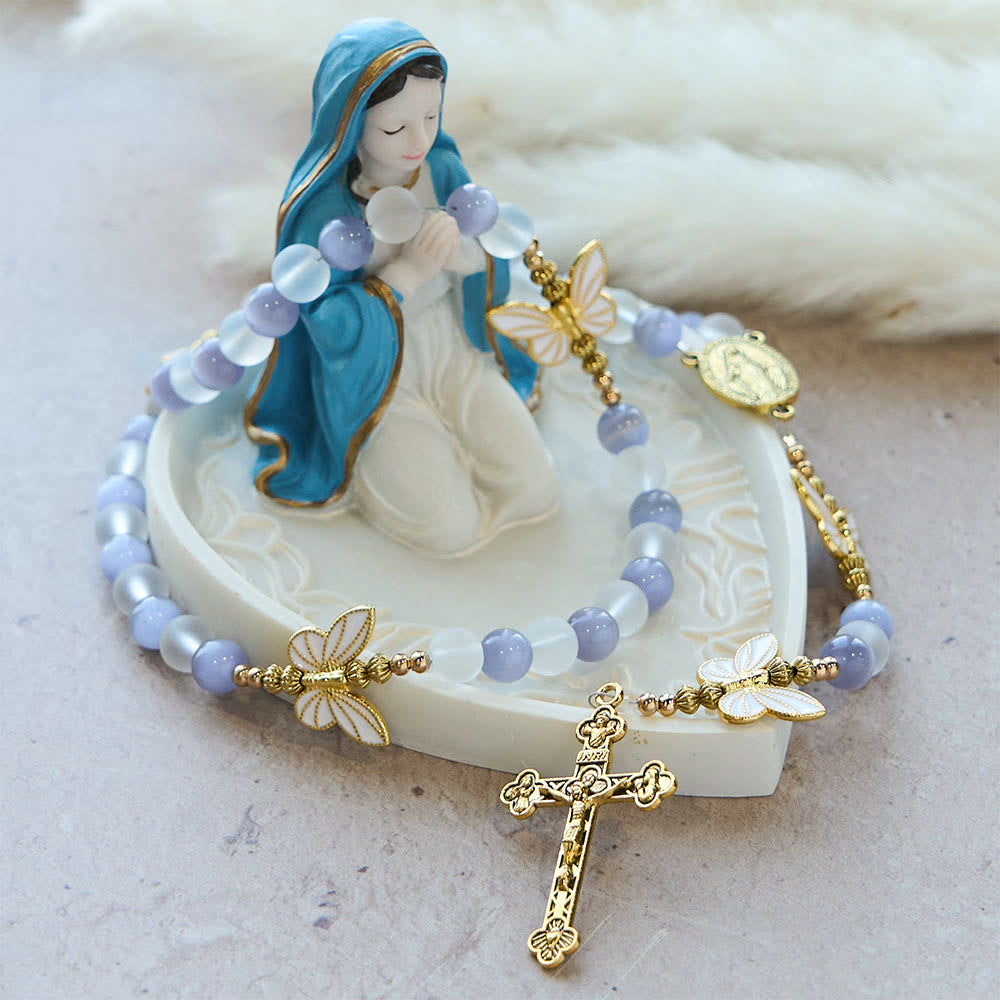 FREE Today: Purple Cat's Eye & Matte Glass Butterfly Blessed Rosary: Embody Sacred Love and Grace
