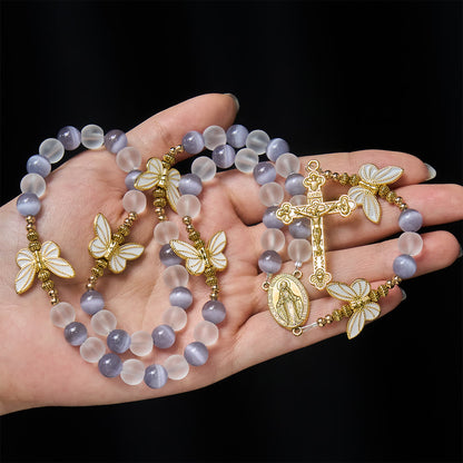 FREE Today: Purple Cat's Eye & Matte Glass Butterfly Blessed Rosary: Embody Sacred Love and Grace