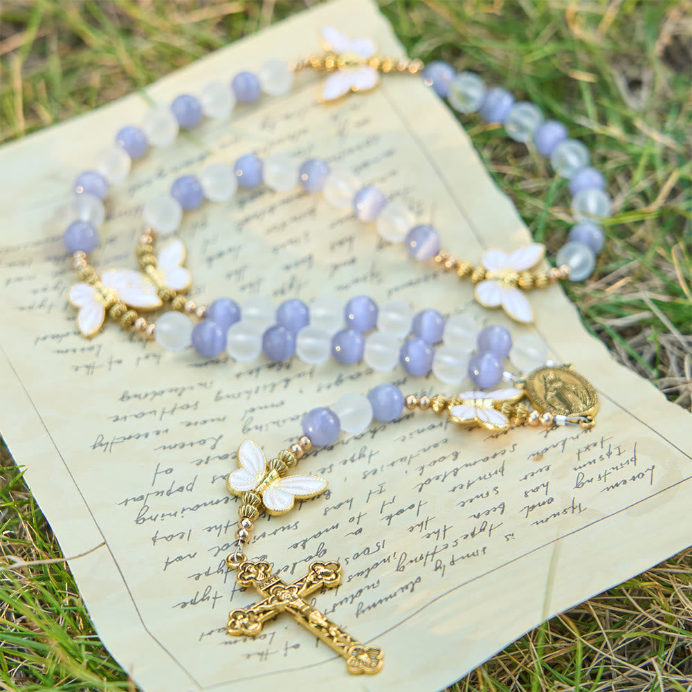 FREE Today: Purple Cat's Eye & Matte Glass Butterfly Blessed Rosary: Embody Sacred Love and Grace