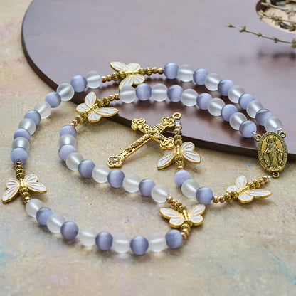 FREE Today: Purple Cat's Eye & Matte Glass Butterfly Blessed Rosary: Embody Sacred Love and Grace