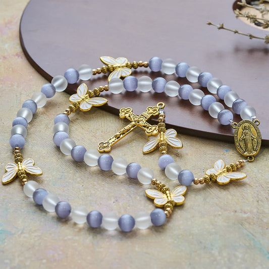 FREE Today: Purple Cat's Eye & Matte Glass Butterfly Blessed Rosary: Embody Sacred Love and Grace