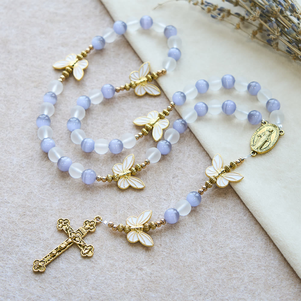 FREE Today: Purple Cat's Eye & Matte Glass Butterfly Blessed Rosary: Embody Sacred Love and Grace