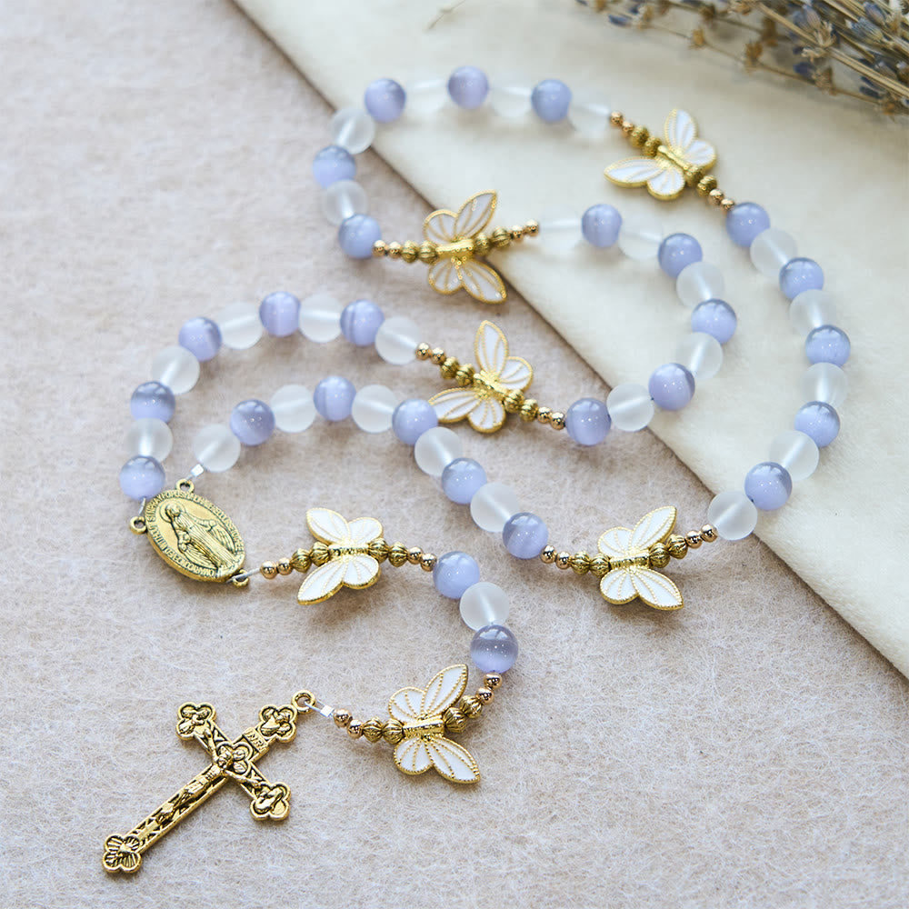 FREE Today: Purple Cat's Eye & Matte Glass Butterfly Blessed Rosary: Embody Sacred Love and Grace