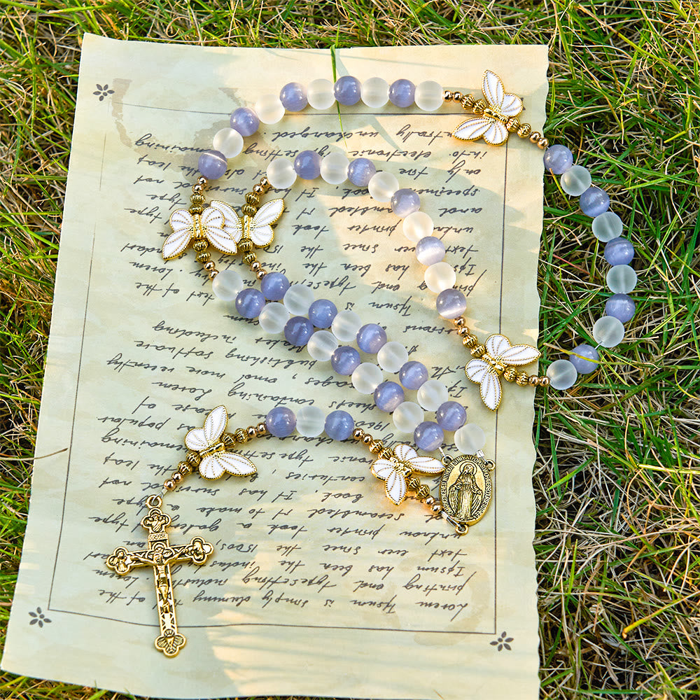 FREE Today: Purple Cat's Eye & Matte Glass Butterfly Blessed Rosary: Embody Sacred Love and Grace