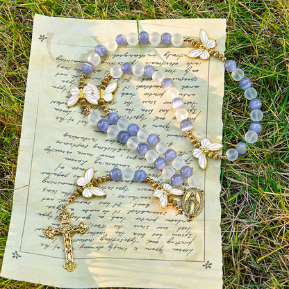 FREE Today: Purple Cat's Eye & Matte Glass Butterfly Blessed Rosary: Embody Sacred Love and Grace