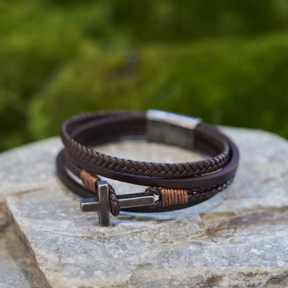 FREE Today: Tri - Color Stainless Steel Cross & Braided Leather Fashion Bracelet